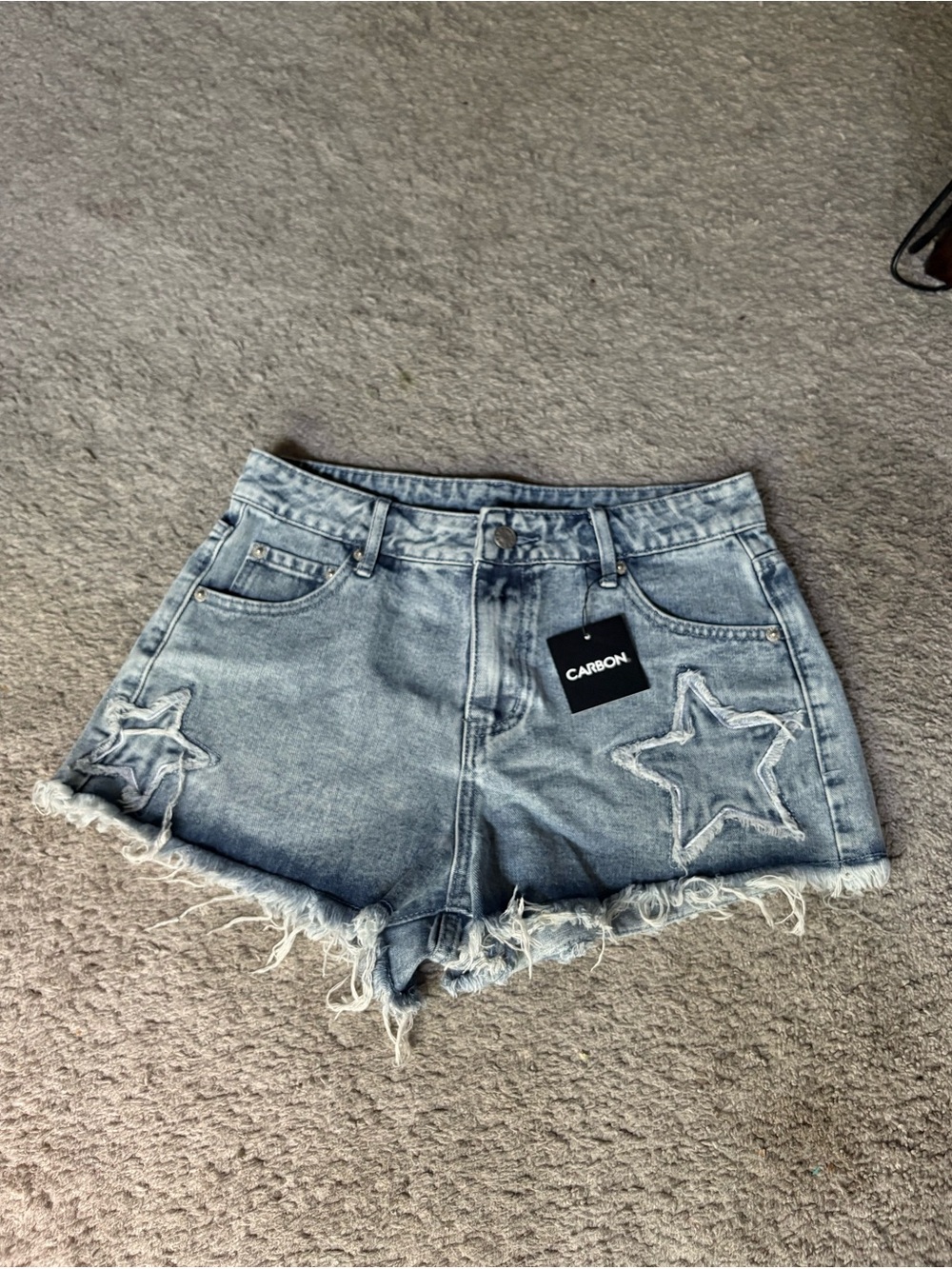 Carbon High-Rise Star Appliqué Denim Shorts - Light Blue wash